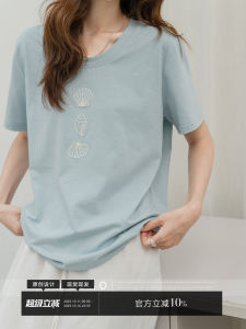 Áo Thun Nữ Tay Ngắn Cổ Tròn Thêu Rộng Rãi Mùa Hè Màu Xanh Lam Phong Cách Hàn Quốc Thường Ngày Bằng Cotton 94% Polyester 6%