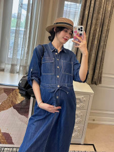 LeoMami Maternity Dress Summer Soft Denim Skirt Slimming Waist-High Waist Lapel Cotton Material Original Design