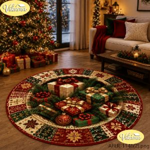 VIKAMA Round Holiday Living Room Rug Christmas Gift Box Print Fireplace Rug Living Room and Bedroom Home Decor
