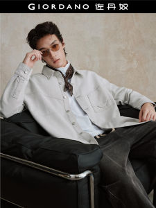 Designer Giordano Mens Denim Jacket Loose Fit Long Sleeve Casual Fashion Urban Style Grey with Bone Pocket Stand Collar Coat