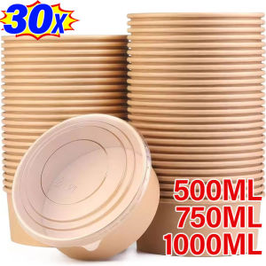 YESPERY 30Pcs Disposable Round Kraft Paper Bowls with Lid Fruit Salad Bowl Fast Food Snack Bowl Picnic Food Containers 500/750/1000ml