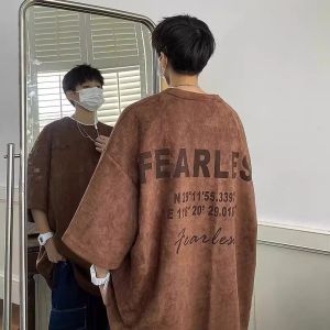 Large Size 300 Pounds Retro Suede Short Sleeve T-Shirt Mens Casual round Neck Half Sleeve Summer High Street Style Top