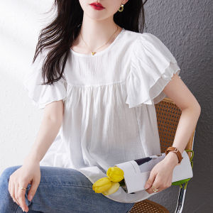 AMMIN Korean version of the female loose thin ageing short-sleeved chiffon Blouse summer new loose and versatile ruffle fly sleeve chiffon Tops