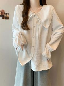 Sweet Youthful Doll Collar Shirt Women plus Size Hide Belly Meat Long Sleeve Spring Autumn Small Audience Bow Tie Blouse