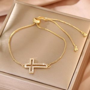 Stylish Copper Set Zirconium Cross Bracelet Mens AND WOMENS Gold Silver Color Simple Adjustable Chain Bracelet Party Jewelry