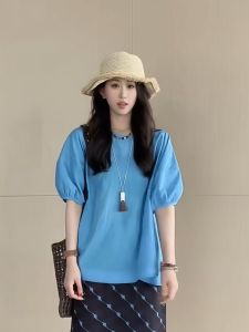 เสื้อเชิ้ตแขนสั้นผ้าลินินหลวมๆ หรูหราสไตล์ฝรั่งเศสสำหรับผู้หญิง ฤดูร้อนปี 2025 เสื้อเชิ้ตแขนพองทรงพองสไตล์ใหม่