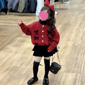 ชุดเสื้อถักผ้าขนสัตว์ฤดูหนาวสำหรับเด็กผู้หญิง ชุดสีแดงมีโบว์ผูก ชุดเด็ก เสื้อคาร์ดิแกนถักเปิด ชุดเด็กปีใหม่