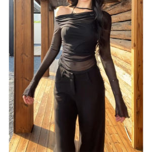 YUEZHONGWEI | Off Shoulder Fake Two-Piece Slim Fit Semi-See Through Long Sleeve Tshirt