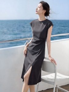 MOHANYIMEI | Linen Blend Versatile High-Waist Slimming Forked-Hem Dress
