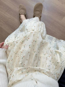 PEIZIXUAN | Chân Váy Midi A-Line Hoa Nhỏ Cao Waist Trắng