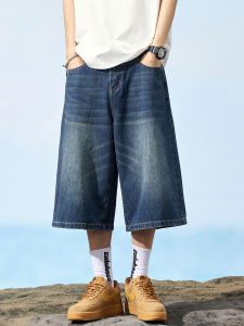 Vintage Mens Streetwear กางเกงยีนส์กางเกงขาสั้นแฟชั่นเกาหลีหลวมตรงกางเกงยีนส์สบายๆบุคลิกภาพกว้าง Baggy สั้นกางเกงชาย