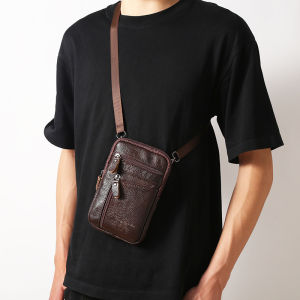New Mens Large Capacity Waist Bag Outdoor Multi-Function Mobile Phone Bag with Lanyard Miniature Leather Crossbody Bag