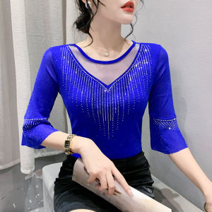 YIMEI Diamond studded womens flash top 2023 slimming black womens dance top Beautiful Guangzhou womens T-shirt