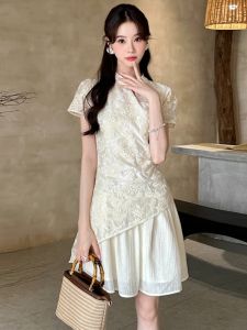 CHANGTONG | ชุดเดรสจีนโบราณสไตล์ใหม่สำหรับสาวๆ วัยรุ่น ชุดเดรสแขนสั้นปักลายสวยงาม ทรงเอเข้ารูป กระโปรงทรงเอ ฤดูใบไม้ผลิและฤดูร้อน