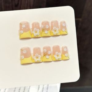 10pcs Handmade Fake Nails Duckbill Shaped Press On Nails Colorful Flash drill French False Nails With 3D Carved Flower Designs