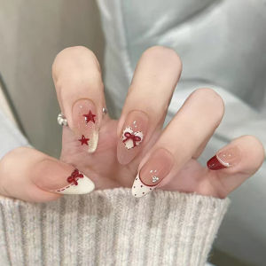 Bộ Móng Giả Hạnh Nhân Trung Bình Dành Cho Nữ & Bé Gái Màu Hồng Nude Bóng Mượt Kiểu Mắt Mèo Thiết Kế Nơ Hình Trái Tim Hoặc Ngôi Sao Bộ Dụng Cụ Dán Móng Đầy Đủ.