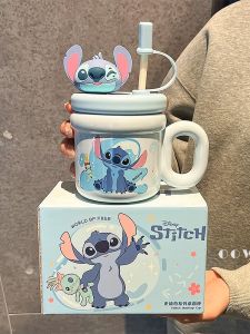 Disney | Tách Sứ Quà Tặng Dễ Thương Có Nắp và Ống Hút Phân Loại Trà Nước