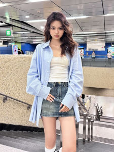 Loose Womens Blue White Stripes Shirt Spring New Style Popular Air Conditioning Sun Protection Versatile Cotton Polyester Blend Polo Collar Long Sleeve