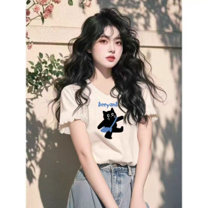 Chic V-Neck Short Sleeve T-Shirt Korean Style White Wood Ear Female Summer Unique Beautiful Short Top Womens Fashion Cotton Tee