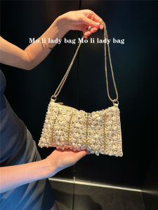 Handcrafted Pearl Embroidered Tote Bag Evening Crossbody Small Square Bag Women British Style Bead Work Satin Material Pure Color