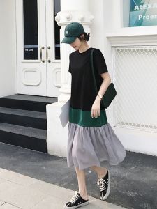 plus Size Summer Dress Slimming Loose Belly Covering Short Sleeve A-Line Skirt Cotton Material round Neckline Solid Color