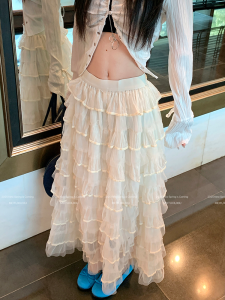 กระโปรงทรงเอเอวต่ำ กระโปรงผ้าตาข่ายสไตล์ฝรั่งเศส กระโปรงทรงเอสำหรับผู้หญิงในฤดูใบไม้ร่วง เอฟเฟกต์กระชับสัดส่วน สไตล์นุ่มๆ