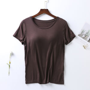 Modal Fabric Integrated Bra Home Short Sleeve Half Sleeve Yoga Top Pure Color Base T-Shirt for Women Summer Simple Style
