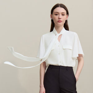 AMII | New Summer Lace Tencel Linen Mix Blouse With Sash And Flounce Sleeve