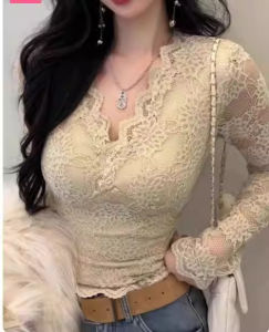 chaqi | Stylish Lace V-Neck Long Sleeve T-Shirt Female Fall and Winter Fleece Lined