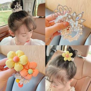 【Fast delivery//New Hair Accessories Hot Sale】Girls Rhinestone Crown Bow Hair Ties Colorful Big Flower Pony Tail for Kids Scrunchies