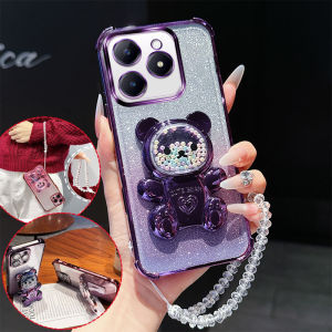 4 Corner Shockproof Phone Case with 3D Bear Stand Crystal Chain Lanyard For Realme C63 C61 4G C65S Narzo N63 Note 60 Back Cover