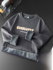 ROMON | Romon Mens Fleece Lined Hoodie Casual Long Sleeve Round Neck Thermal Top For Autumn Winter Spring Fashion Urban Loose Fit T-shirt