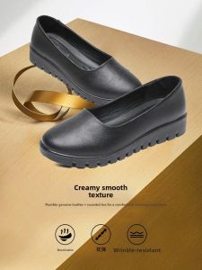 Black Thick Heel Work Shoes Womens Leather Slip-On Shoes Stand for Long Time Comfortable Real Leather Flat Bottom Anti-Slip round Head Professional Shoes