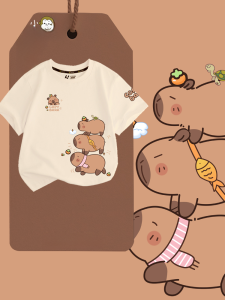Capabala Capybara Cartoon Cute Short Sleeve T-shirt Mens and Womens Large Medium and Small Childrens Clothing Student Baby Half Sleeve