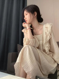 Spring Autumn Pure Cotton Womens Sleepwear with Chest Pad Internet Celebrity Style Long Sleeve Sleep Dress Casual Home Clothes