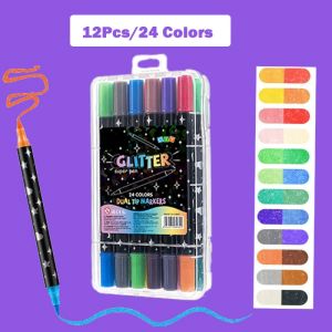 Kawaii Glitter Dual Tip Markers Set 24/48 Colors Watercolor Brush Pens for Drawing School Art Supplies