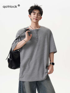 QOTRIOCK | Lazy Style Striped Henley Neck Half-Sleeve Contrast Color Loose T-Shirt