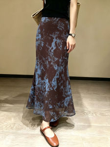 V.C.I | Summer Blue-Coffee Flowered Chiffon Skirt A-Line Slim Fit High Waist