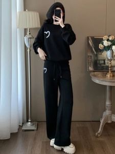 Black Casual Sporty Womens Set Autumn Winter Fashionable Youthful Fleece Sweatshirt Wide Leg Pants Two Piece Suit