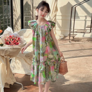 Girls Summer Floral Print Chiffon Dress Lightweight Princess Skirt Childrens Clothing Sweet Style Midi Dress Breathable Coolness
