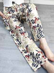 High Waist Cotton Silk Loose Fit Summer Pants Comfortable Home Pants Sleepwear Nine Points Straight Leg Trousers for Women