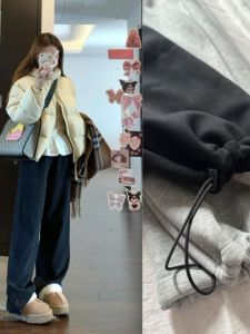 กางเกงกีฬาผ้าฝ้ายแท้สีดำสำหรับผู้หญิง กางเกงขายาวทรงหลวมเอวสูง กางเกงขายาวทรงหลวมพิมพ์ลายฤดูใบไม้ผลิและฤดูใบไม้ร่วง กางเกงขายาวทรงหลวมสำหรับผู้หญิง