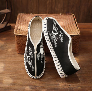 Spring Autumn Vintage Zen Repair Canvas Shoes Embroidered Men Slip-On Lazy Shoes Thousand Layer Bottom Geometric Pattern Low Top Flat Heel