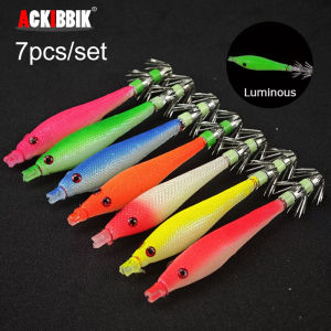 Ackibbik 7pcs/set 11cm Squid Lure Jig Hook Luminous Lure Bait Saltwater  Luminous Squid Hooks Squid Hook Wooden Shrimp