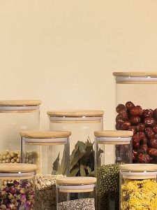 Bamboo Lid Glass Transparent Cereal Food Candy Coffee Bean Cookies Kitchen Container Jar