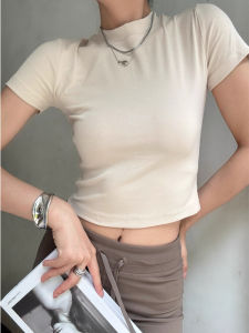 Áo Thun Nữ Tay Ngắn Cổ Cao Màu Trơn Mùa Hè Cổ Điển Phong Cách Hàn Quốc Đa Năng Áo Thun Ngắn Hở Bụng