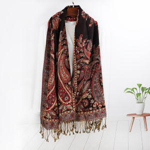 Khăn Choàng Dài Hình Chữ V Phong Cách Dân Tộc Đa Năng Cho Nữ Mùa Thu Đông Du Lịch Lụa Polyester Hoa Tua Rua