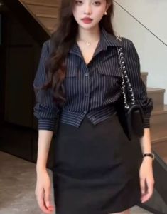 French style Polo collar striped single-breasted long-sleeved shirt for women in early autumn new design jacket slim top