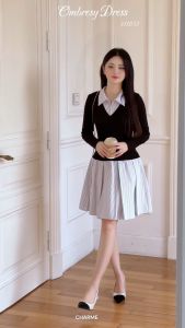 Váy nữ len phối sơ mi kẻ dập ly Charme 411053