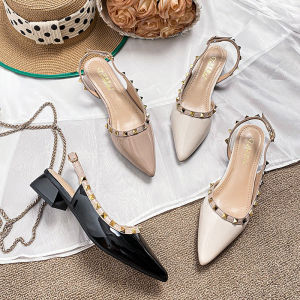 Womens Nude Patent Leather Sandals Pointed Toe Slingback Pumps with Studs Low Block Heel Dress Shoes for Office and Party Heel